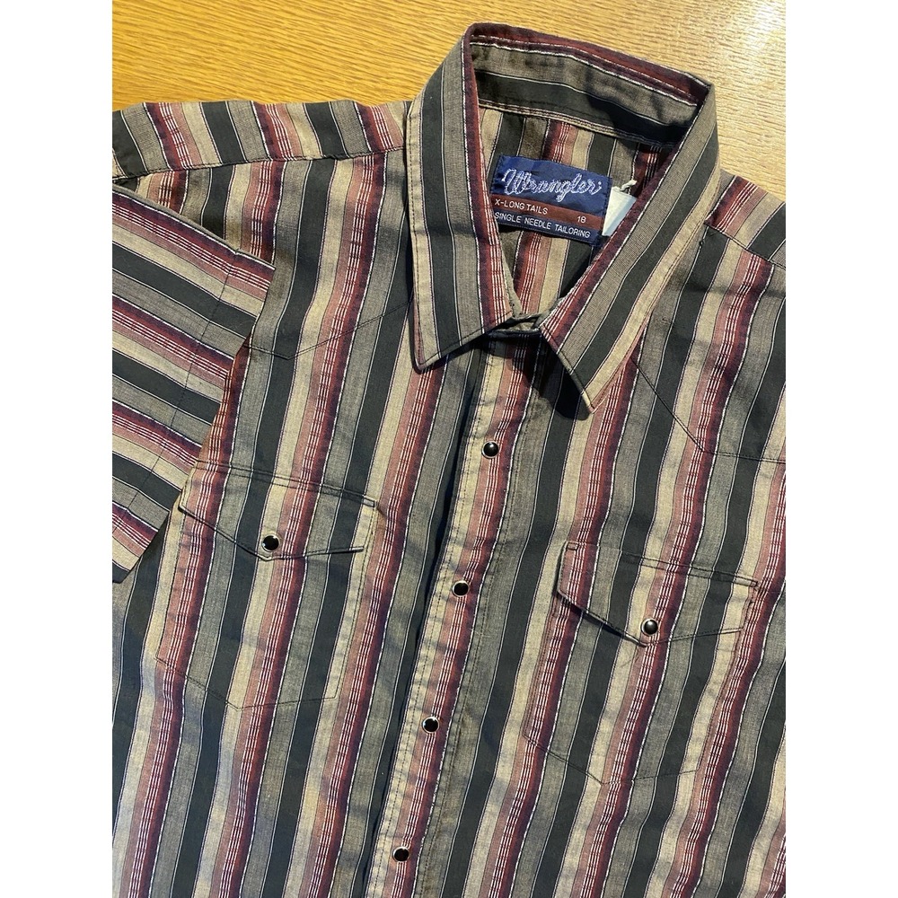 VTG Wrangler Pearl Snap Shirt 18 XLT Western Stripe XLong Tail Single Needle USA